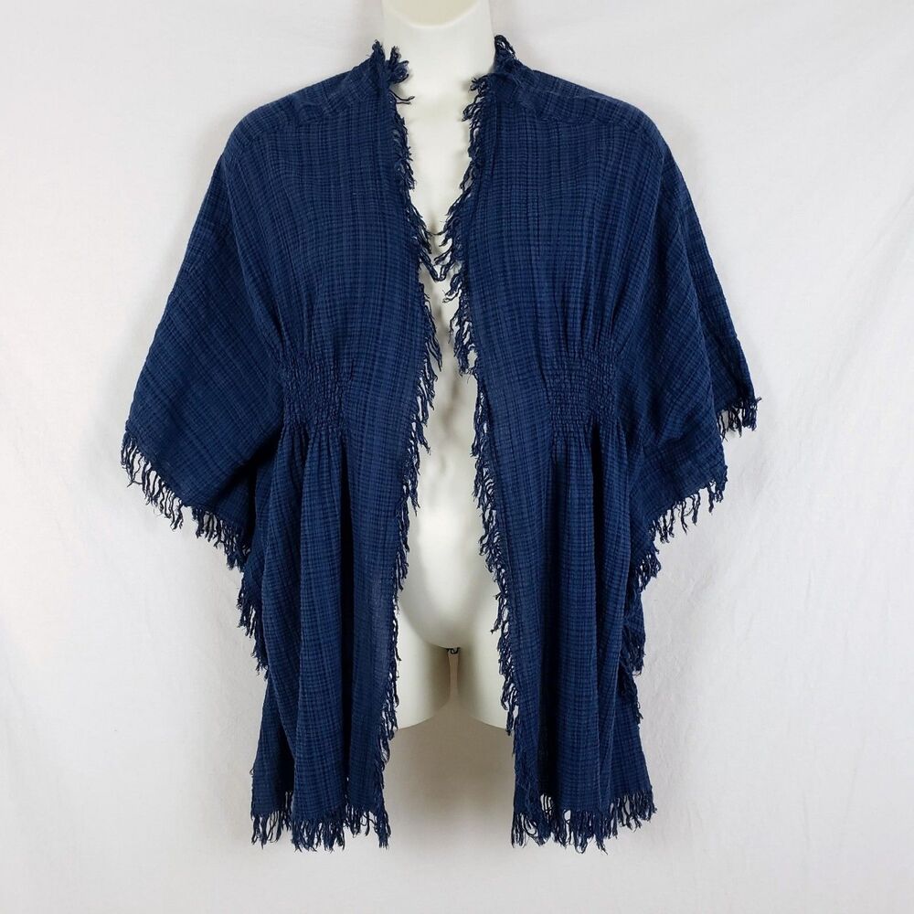 Coldwater Creek Lagenlook Plaid Fringe Kimono Cardigan Womens OS Blue Boho
